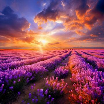  Stunning Sunset over Lavender Fields with Dramatic Sky and Glowing Sun Rays