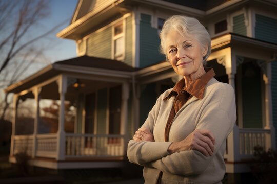 Image Of Mature Senior Female In Front Of House