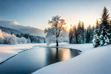 stream and snow covered green tree generated by AI tool