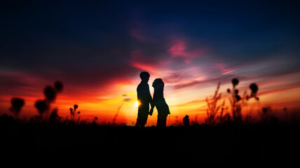 Fototapeta na wymiar silhouette of romantic couple stand hugging on meadow at the sunset time . Have a beauty blue sky.