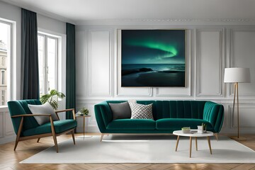 modern living room with sofa and picture poster generated by AI tool