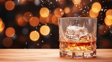 A glass of whiskey with an ice cube on a table with blurry lights of garlands background. New year banner mockup with place to place product or promotional text.