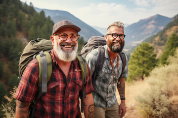 two gay men hiking travelling in mountains, homosexual couple,  Generative AI - obrazy, fototapety, plakaty