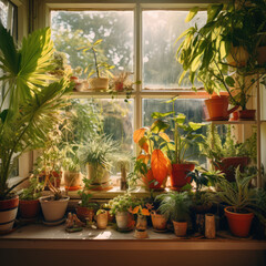 green houseplants on window sill in old house, Generative AI