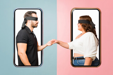 Young woman and man meeting on an online blind date