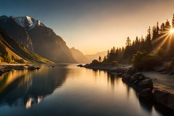 Fototapeta na wymiar sunrise over the lake generated by AI tool