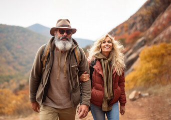 Fototapeta premium active mature caucasian couple hiking travelling in mountains with backpack, Generative AI
