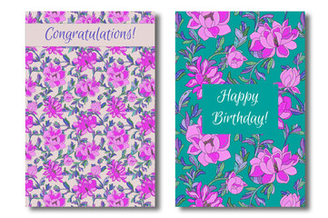 Set of greeting cards. Birthday card! Happy birthday! Congratulations! Floral flyers. Delicate print for a greeting card