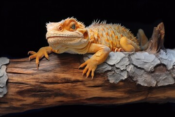 Obraz premium top view of a bearded dragon shedding skin on a log