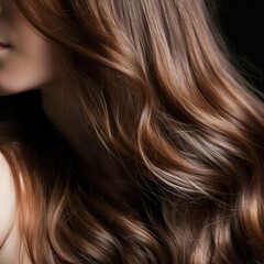 Fototapeta premium Eye of a woman with wavy brown hair on a black background. Generative AI