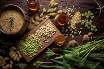 Obraz na płótnie Canvas beer ingredients: hops, barley, yeast, and water flat lay