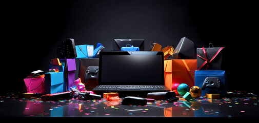 The excitement of Black Friday shopping sales, showcasing a modern composition with minimalistic vibrant products on a black background.