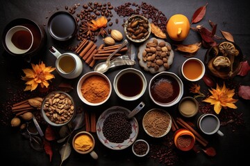 Obraz na płótnie Canvas flat lay of coffee and tea set with various flavors