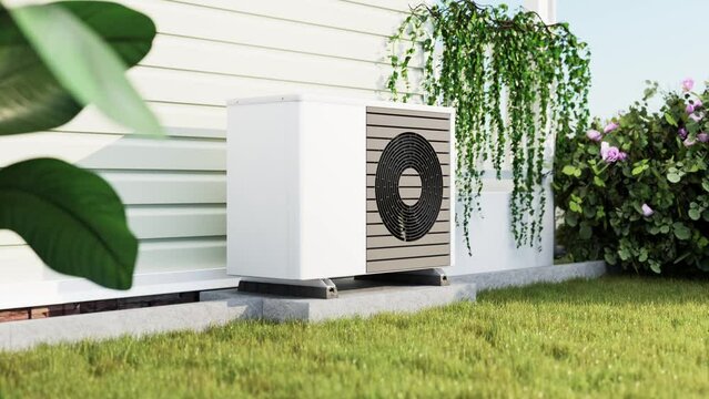 Animated photorealistic 3d render of a fictitious air source heat pump with a rotating fan mounted to a concrete base  on the outside of a house. Rose bush, strelitzia and ivy in the garden