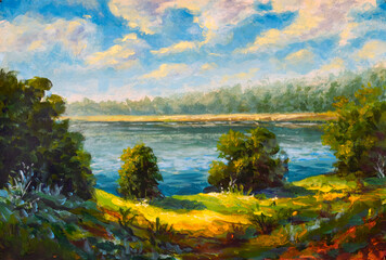 Rural sunny landscape with river, trees and forest in the background. Hand painting on canvas summer clouds on the blue sky Acrylic painting illustration.
