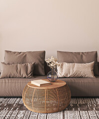 Japanese boho beige interior with lounge sofa and dry flower in vase background. Light modern australian livingroom closeup. 3d rendering mockup. High quality 3d illustration