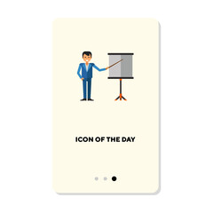 Business presentation vector icon. Speaker near whiteboard isolated. Presentation concept. Vector illustration symbol elements for web design and apps