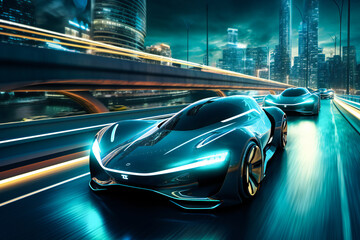 Futuristic self driving automated cars in a future urban setting