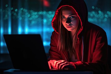 image of young woman on laptop as hacker