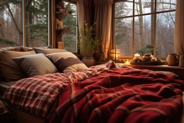 freshly made bed with cozy pillows and blanket