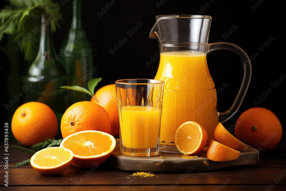 Poster freshly squeezed orange juice in a glass near juicer