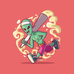 Cool alien character running with a joint vector illustration. Weed, logo, brand design concept.