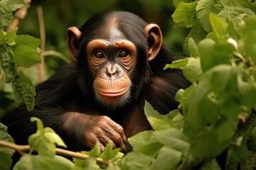 chimpanzee in green leaves