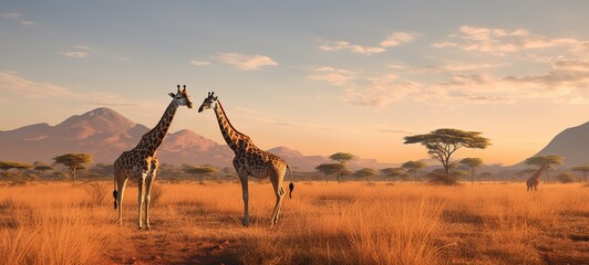 giraffes in the african savannah - obrazy, fototapety, plakaty