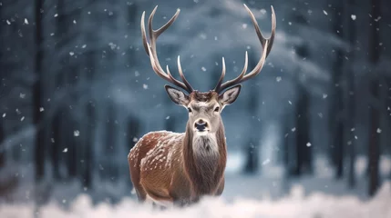 Zelfklevend Fotobehang noble deer male in snow forest, winter landscape, christmas background © id512