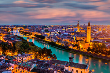 Castelvecchio or Old Castle and Scaligero bridge aerial panoramic view in Verona, Veneto region in...
