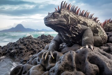 marine iguana resting on a rocky shoreline
