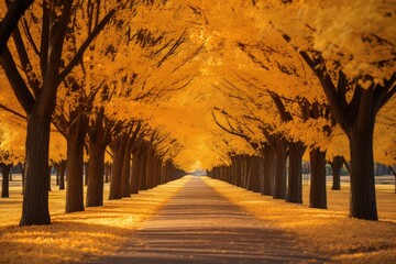 Row of trees on a street, forming a tunnel of vibrant autumn hues - Nature's Corridor - AI Generated
