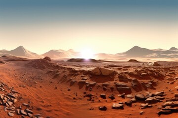 Fototapeta na wymiar panoramic view of mars surface with rover in distance