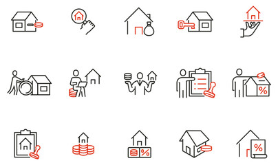 Vector Set of Linear Icons Related to Rental of Property, Loan Repayment and Real Estate Investment. Mono Line Pictograms and Infographics Design Elements 