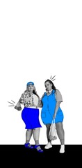 Overweight woman, friends with drawn elements of clothes over white background. Contemporary art collage. Concept of international youth day, youth culture, creative, holiday, freedom, ad