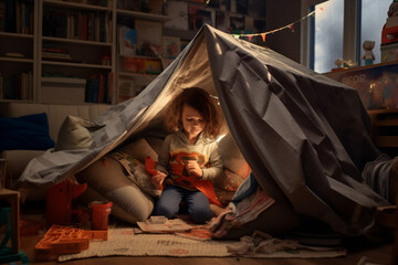 A child building a fort in the living room with blanket and pillows. Generative AI - obrazy, fototapety, plakaty