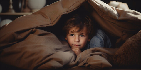 A child building a fort in the living room with blanket and pillows. Generative AI