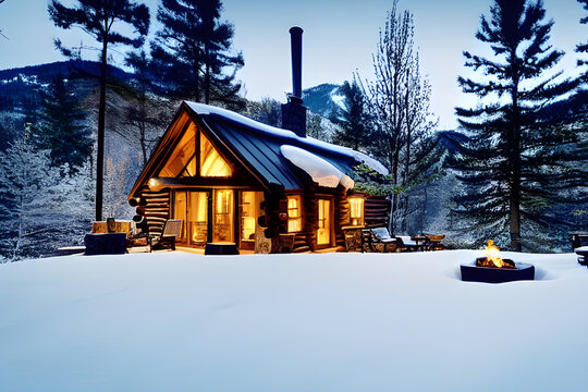 Design an image of a cozy cabin in the woods, nestled among snow-covered trees and a crackling fireplace. Generative AI