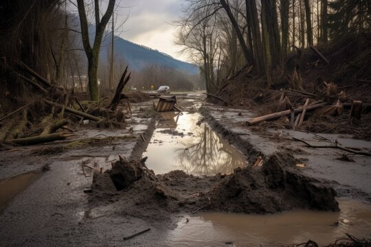 warning sign partially submerged in mudslide