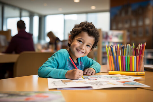A child coloring in a coloring book at a table.  