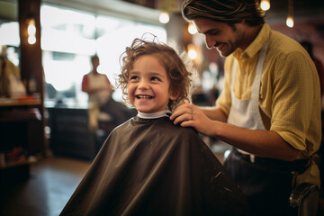 A child getting a haircut in a salon.   - obrazy, fototapety, plakaty