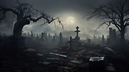 Amidst crumbling tombstones and ancient trees, fog drifts over a graveyard. Ethereal apparitions glide through the mist, evoking a sense of eerie beauty. 