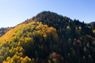 Fototapeta na wymiar Morning haze in the mountains. Aerial drone view of autumn countryside hills