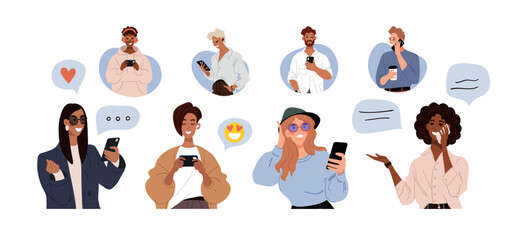 Men and women communicate using the phone, the concept of dating, long distance relationships, dependence on social networks. Set of flat cartoon illustrations isolated on white background.