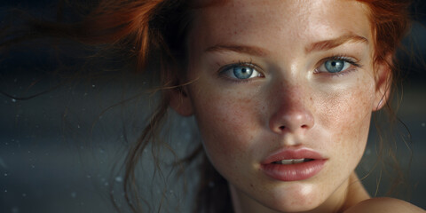Close-up beauty portrait of a young redhead woman with freckles