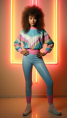 Young curly woman posing in blue sport fitness clothes on an orange background with neon light.