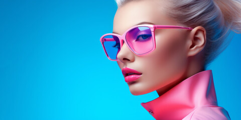 Close-up beauty portrait of a young woman wearing pink sunglasses on a blue background