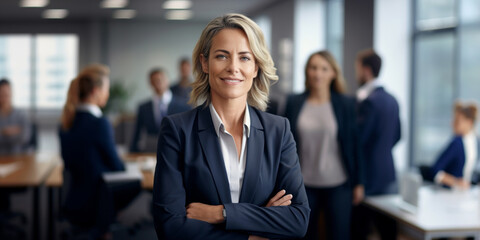 Middle-aged business woman in an office with the team behind in the background - 637895829