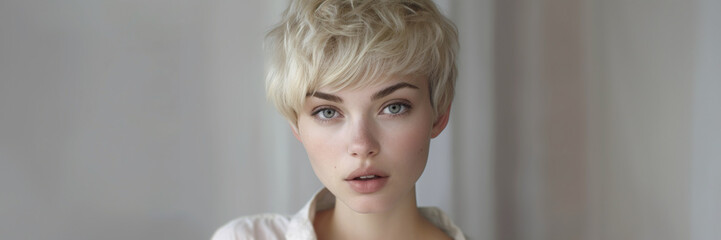 Close-up beauty portrait of a young blonde woman with short hair on a light background