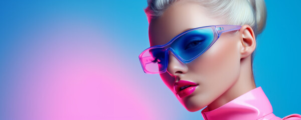 Close-up beauty portrait of a young blonde woman wearing blue sunglasses on a blue and pink background